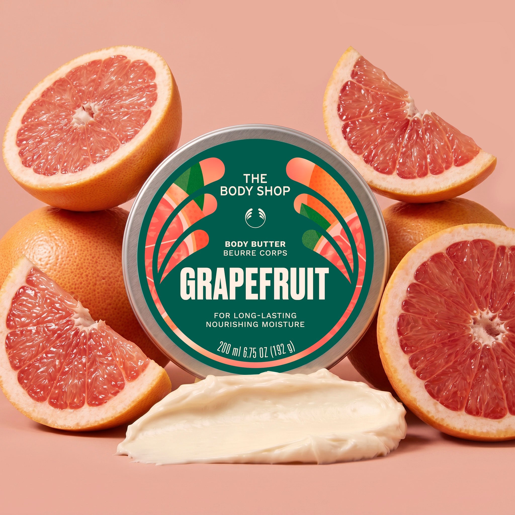 Grapefruit Body Butter, opin krukka með hráefnum