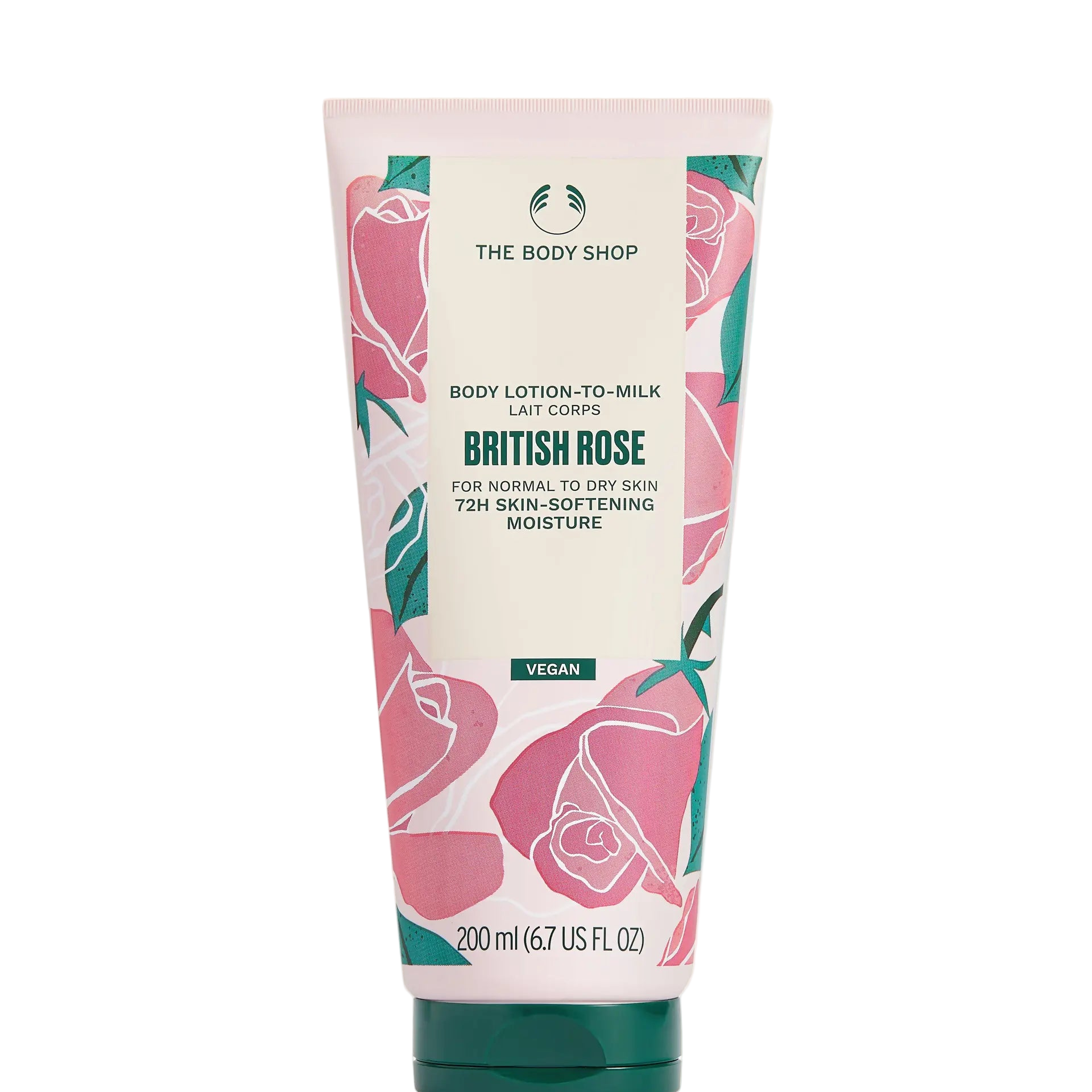Tube of The Body Shop British Rose body lotion on a white background